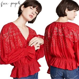Free People Counting Starts Top Long Sleeve Blouse SMALL Boho Peasant Ruffle NEW